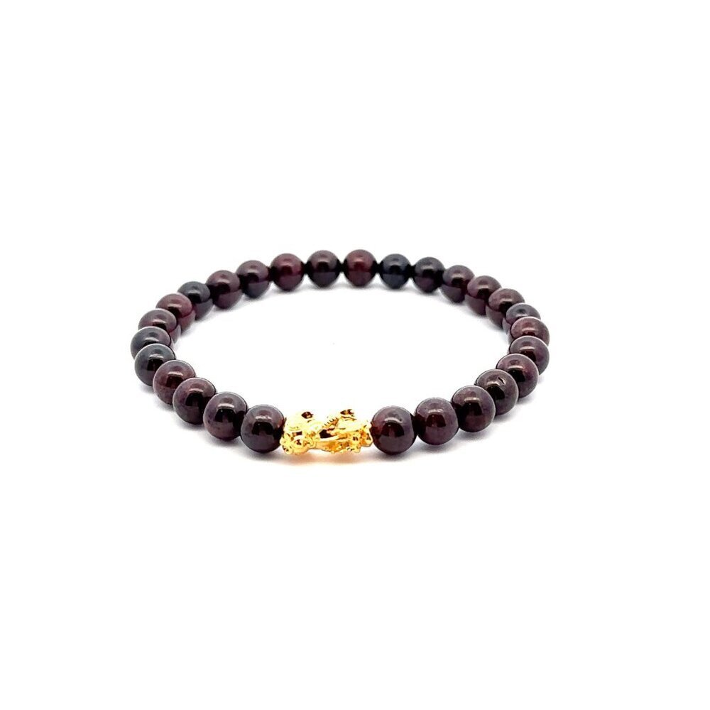 18K Gold Pixiu Piyao Bracelet Natural Garnet January Birthstones 6mm Size 6.5"
